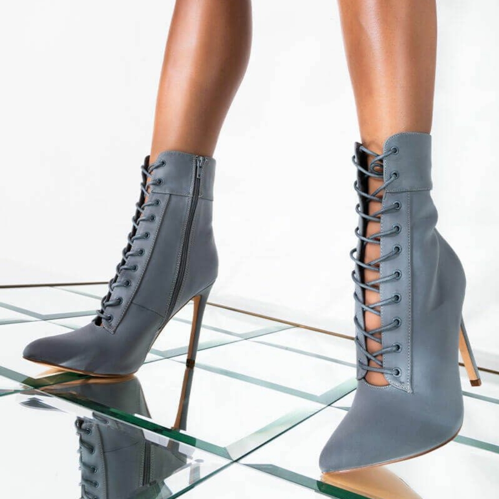 Amber Lace Up Stiletto Booties - Grey